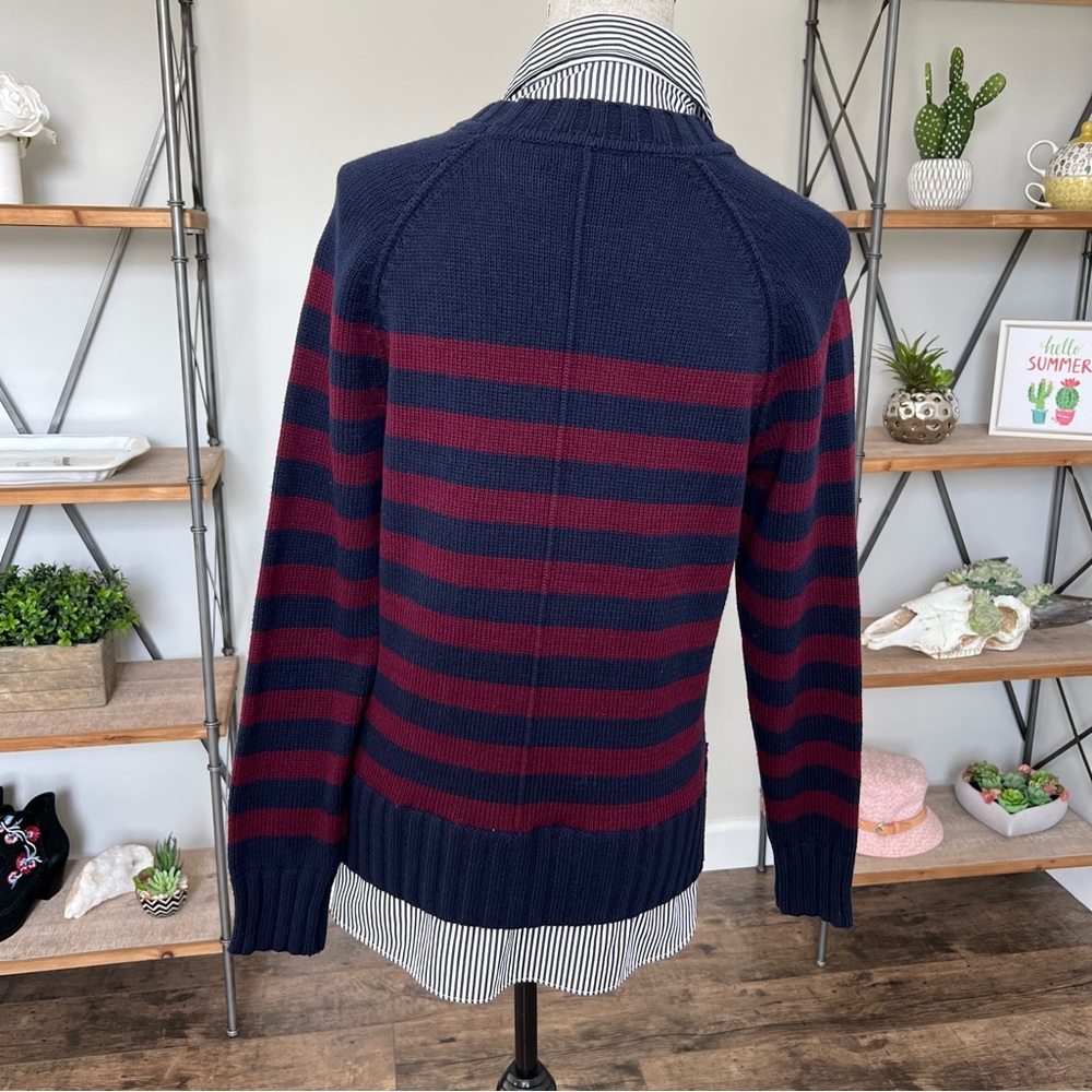 Lauren Ralph Lauren Bullion Crest Faux Layered Sweater Navy Red Stripe Medium - Picture 5 of 17